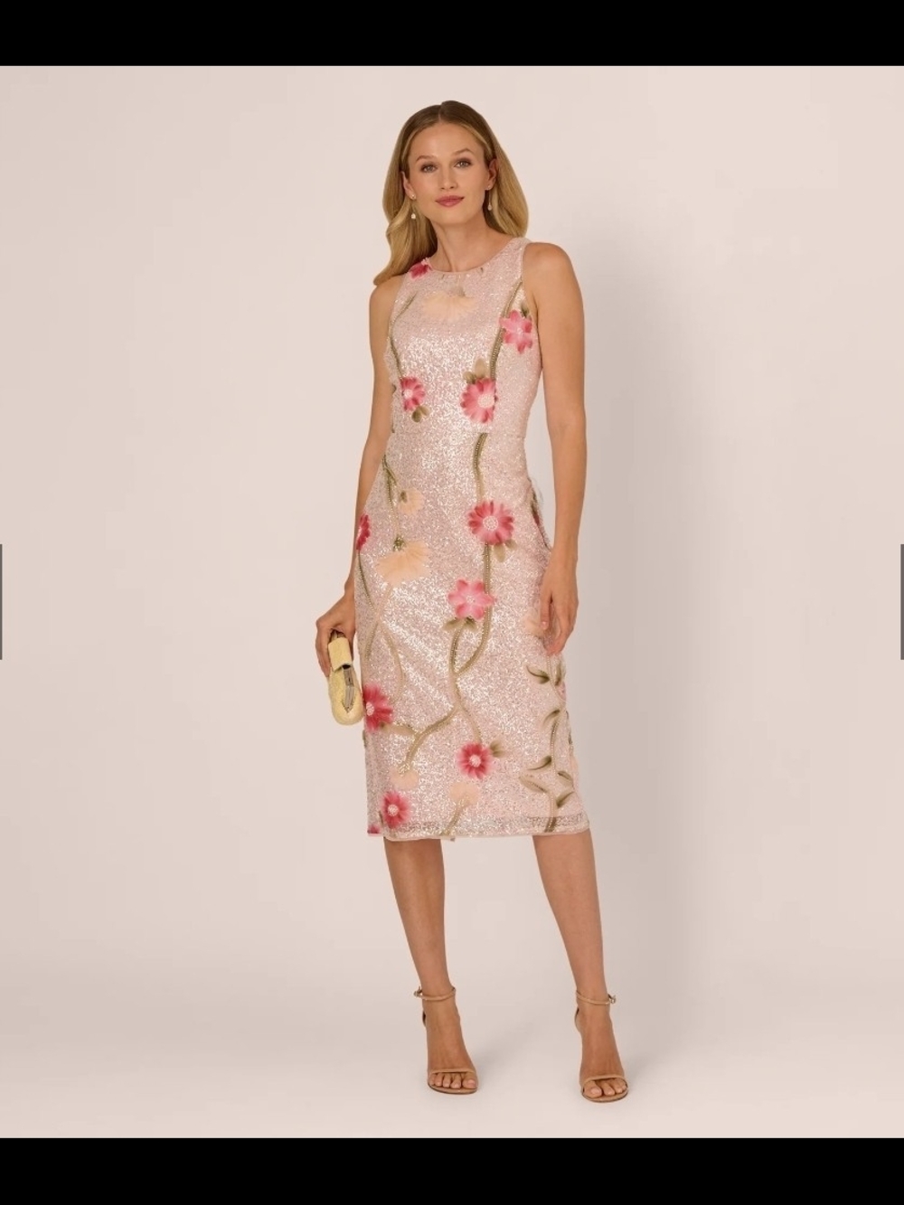 ADRIANNA PAPELL Sequin Floral Midi Sheath Dress Silver Blush Multi Cocktail - Picture 2 of 13
